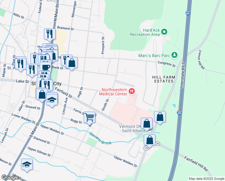 map of restaurants, bars, coffee shops, grocery stores, and more near 49 Smith Street in Saint Albans City