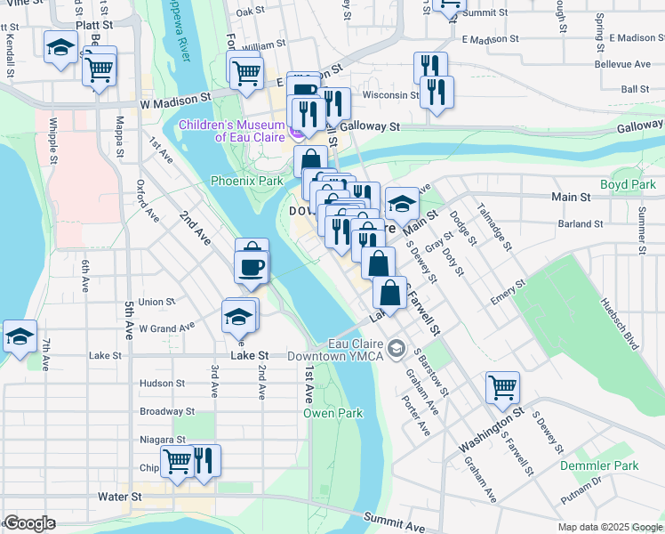 map of restaurants, bars, coffee shops, grocery stores, and more near in Eau Claire