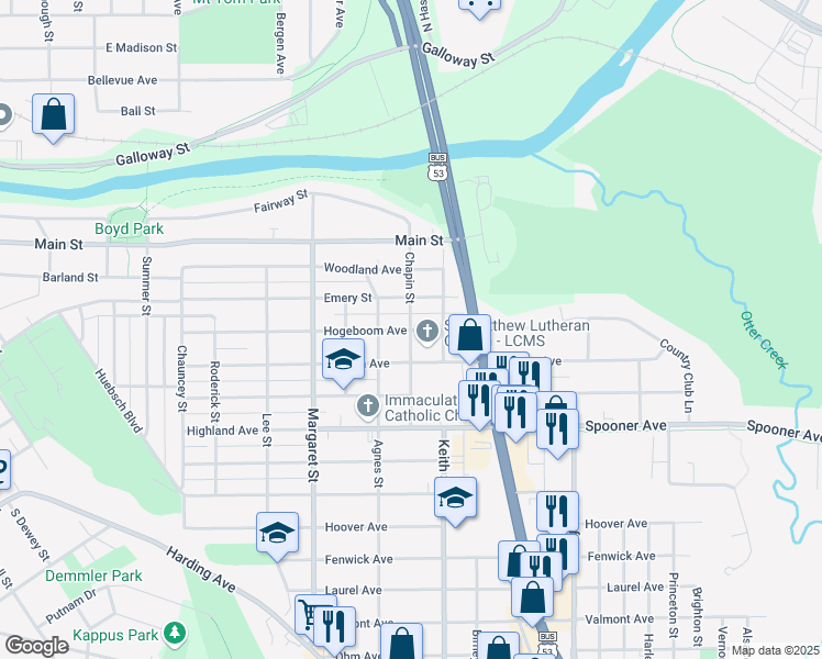 map of restaurants, bars, coffee shops, grocery stores, and more near 1901 Hogeboom Avenue in Eau Claire