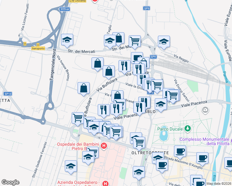 map of restaurants, bars, coffee shops, grocery stores, and more near 6 Via Bruno Bucci in Parma
