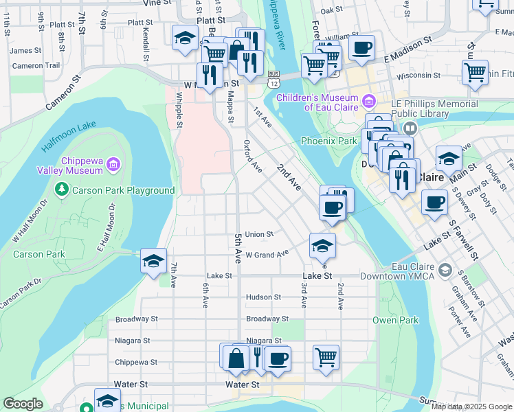 map of restaurants, bars, coffee shops, grocery stores, and more near 415 Congress Street in Eau Claire