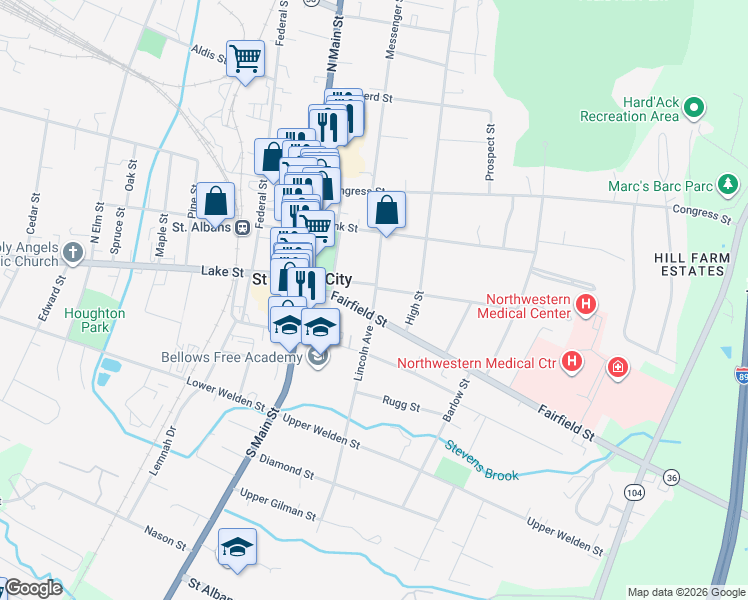 map of restaurants, bars, coffee shops, grocery stores, and more near 59 Fairfield Street in Saint Albans City