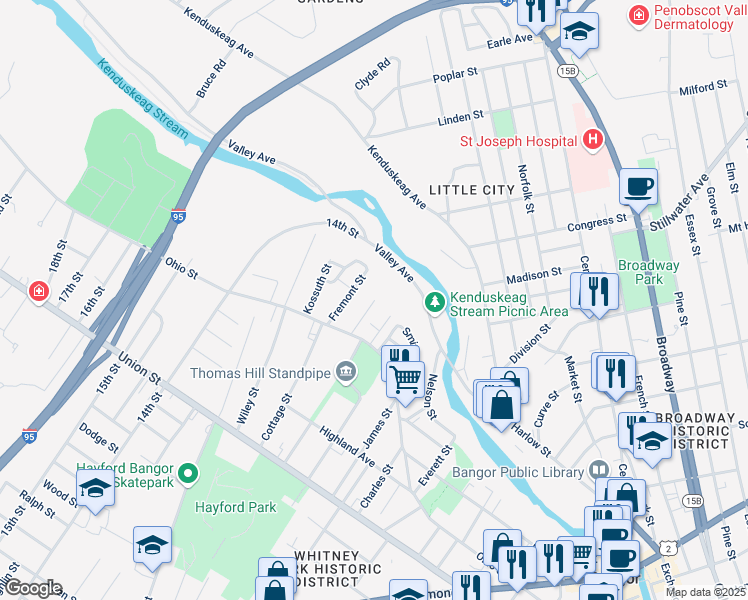 map of restaurants, bars, coffee shops, grocery stores, and more near 14 Winter Street in Bangor
