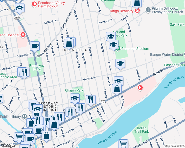 map of restaurants, bars, coffee shops, grocery stores, and more near 199 Garland Street in Bangor