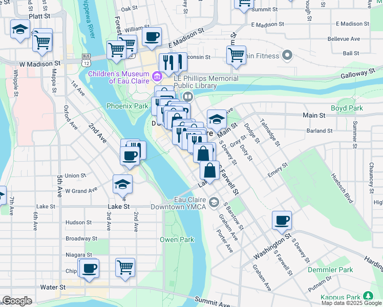 map of restaurants, bars, coffee shops, grocery stores, and more near in Eau Claire