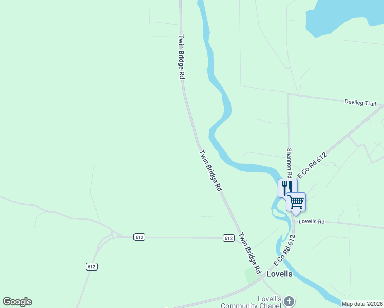 map of restaurants, bars, coffee shops, grocery stores, and more near 8405 Twin Bridge Road in Grayling