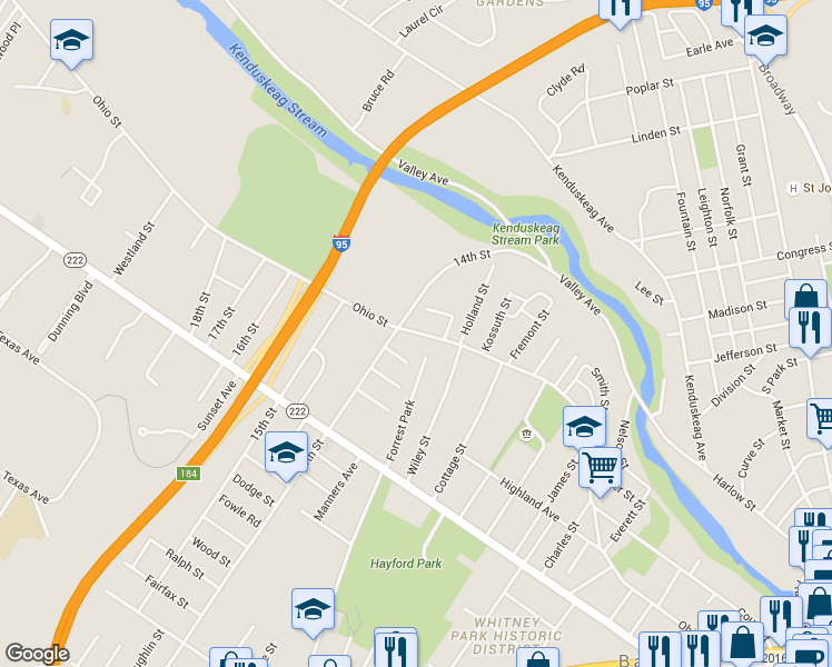 map of restaurants, bars, coffee shops, grocery stores, and more near 394 Ohio Street in Bangor