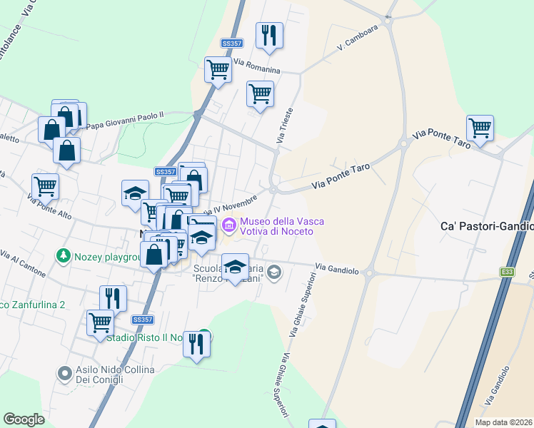 map of restaurants, bars, coffee shops, grocery stores, and more near 1 Piazzale 11 Settembre 2001 in Noceto