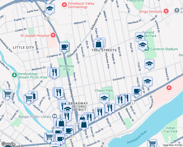 map of restaurants, bars, coffee shops, grocery stores, and more near 144 Grove Street in Bangor