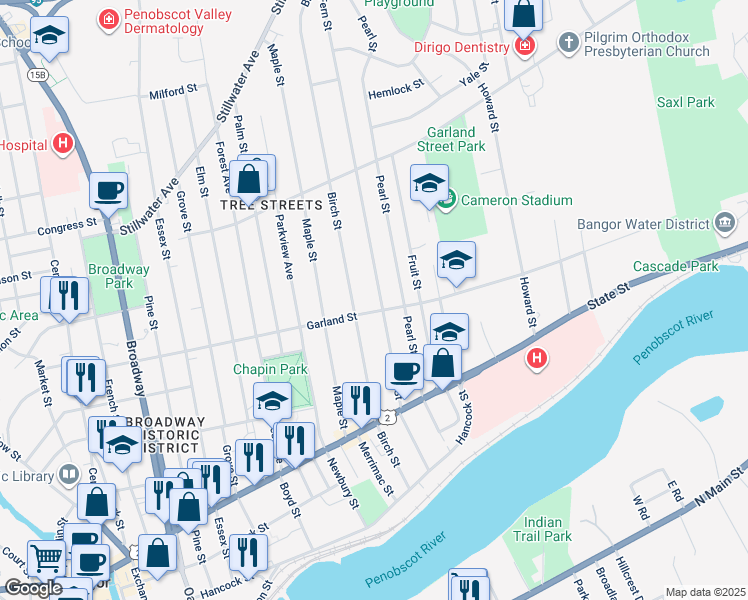 map of restaurants, bars, coffee shops, grocery stores, and more near 80 Fern Street in Bangor