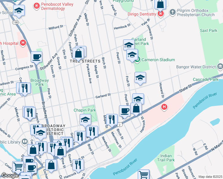 map of restaurants, bars, coffee shops, grocery stores, and more near 199 Garland Street in Bangor