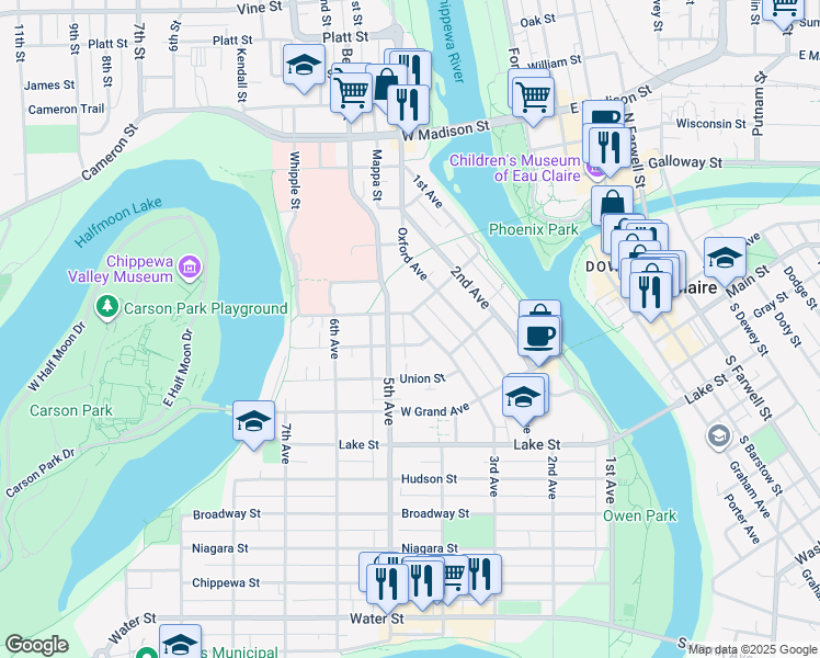 map of restaurants, bars, coffee shops, grocery stores, and more near 415 Congress Street in Eau Claire