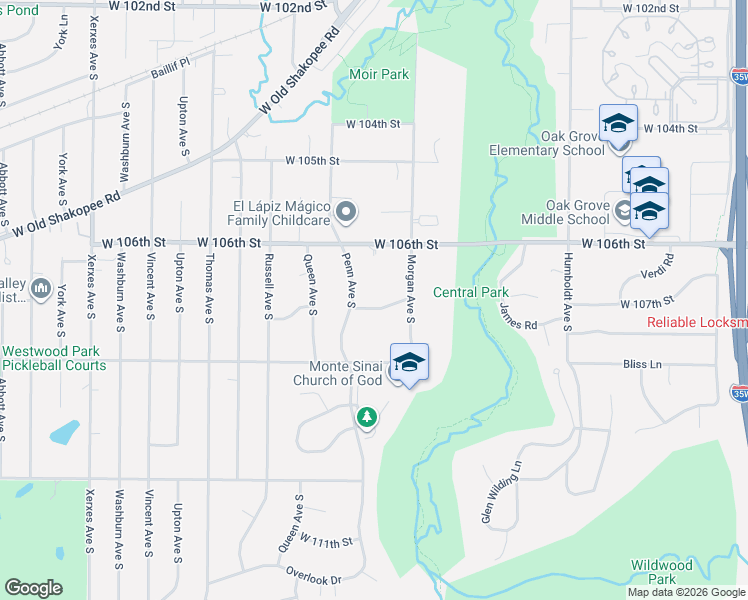 map of restaurants, bars, coffee shops, grocery stores, and more near 2215 West 107th Street in Minneapolis