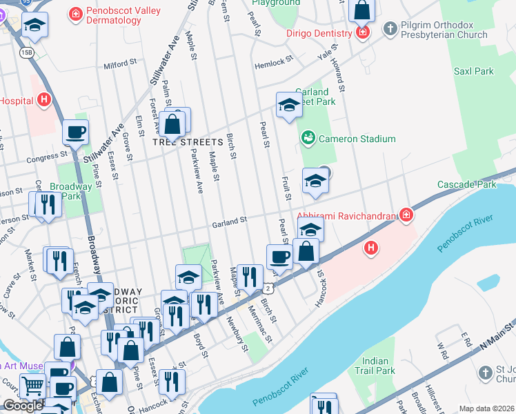 map of restaurants, bars, coffee shops, grocery stores, and more near 80 Fern Street in Bangor
