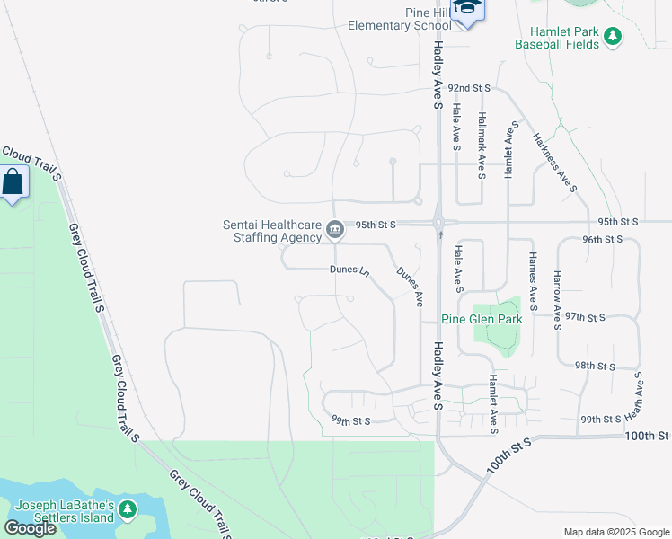 map of restaurants, bars, coffee shops, grocery stores, and more near 9785 Dunes Lane in Cottage Grove