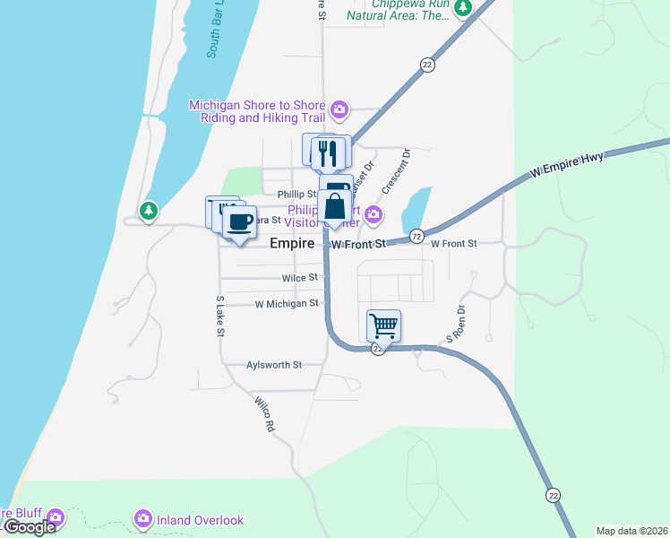 map of restaurants, bars, coffee shops, grocery stores, and more near 11860 South Lacore Road in Empire