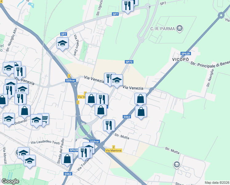 map of restaurants, bars, coffee shops, grocery stores, and more near 10 Via Mario Fantelli in Parma