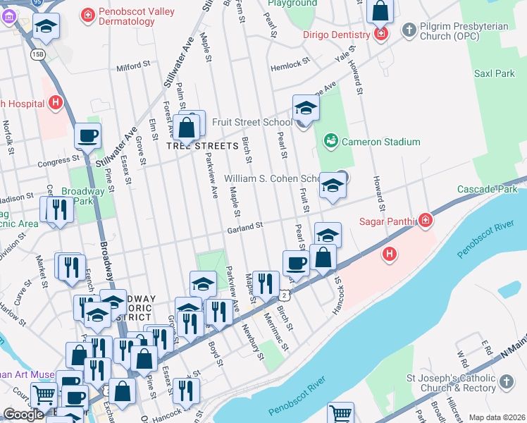 map of restaurants, bars, coffee shops, grocery stores, and more near 167 Birch Street in Bangor