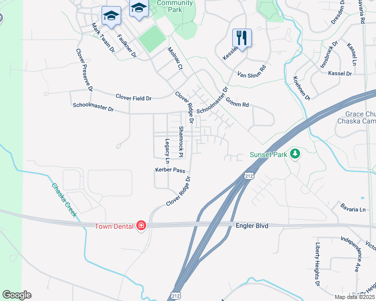 map of restaurants, bars, coffee shops, grocery stores, and more near 1984 Clover Ridge Drive in Chaska
