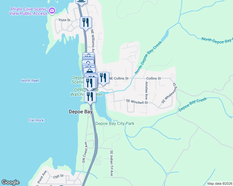 map of restaurants, bars, coffee shops, grocery stores, and more near 140 Bayview Avenue in Depoe Bay