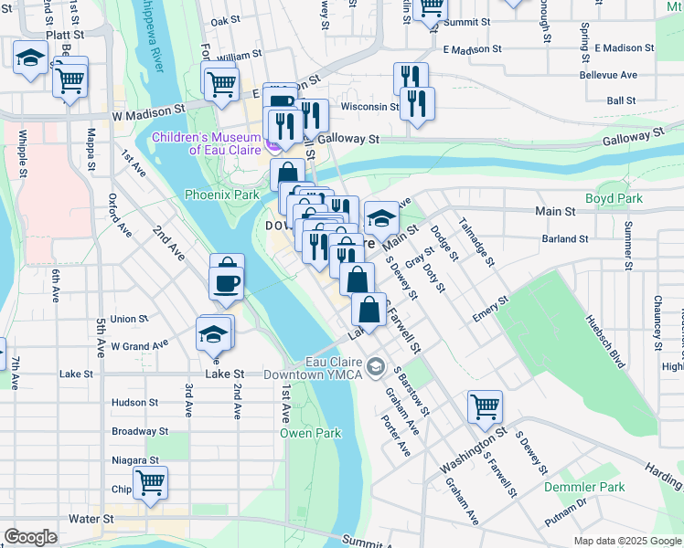 map of restaurants, bars, coffee shops, grocery stores, and more near in Eau Claire