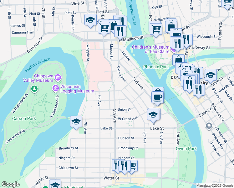 map of restaurants, bars, coffee shops, grocery stores, and more near 318 Fulton Street in Eau Claire