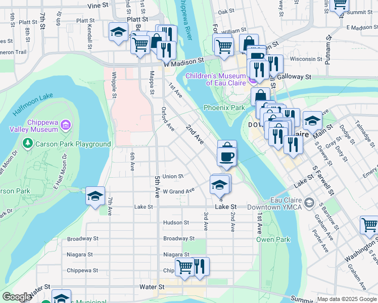 map of restaurants, bars, coffee shops, grocery stores, and more near 1033 Oxford Avenue in Eau Claire