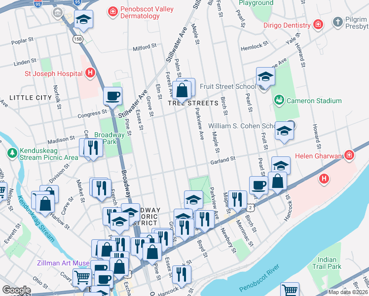 map of restaurants, bars, coffee shops, grocery stores, and more near 151 Forest Avenue in Bangor