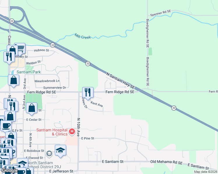 map of restaurants, bars, coffee shops, grocery stores, and more near 1559 Fern Ridge Road Southeast in Stayton
