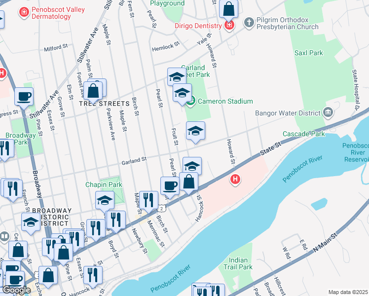 map of restaurants, bars, coffee shops, grocery stores, and more near 304 Garland Street in Bangor
