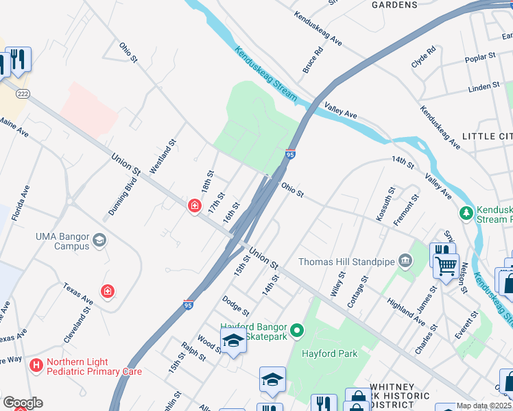 map of restaurants, bars, coffee shops, grocery stores, and more near Interstate 95 in Bangor