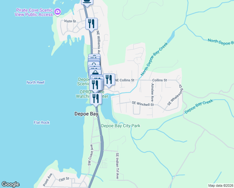 map of restaurants, bars, coffee shops, grocery stores, and more near 220 Southeast Bay Street in Depoe Bay