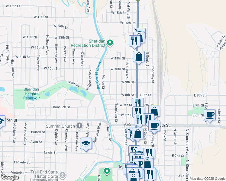 map of restaurants, bars, coffee shops, grocery stores, and more near 1274 Spaulding St in Sheridan