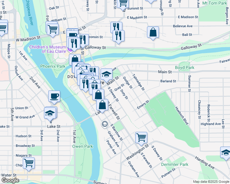 map of restaurants, bars, coffee shops, grocery stores, and more near 505 South Dewey Street in Eau Claire