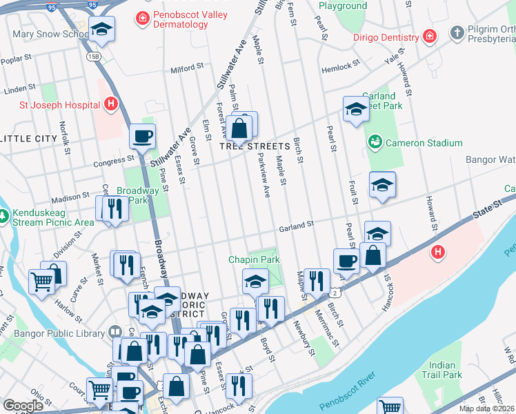 map of restaurants, bars, coffee shops, grocery stores, and more near 103 Palm Street in Bangor
