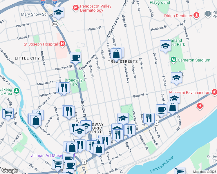 map of restaurants, bars, coffee shops, grocery stores, and more near 187 Grove Street in Bangor