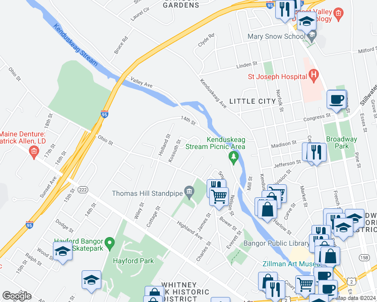 map of restaurants, bars, coffee shops, grocery stores, and more near 34 Jessie Street in Bangor