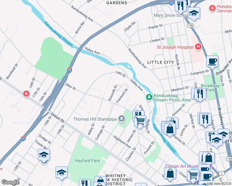 map of restaurants, bars, coffee shops, grocery stores, and more near 40 Kossuth Street in Bangor