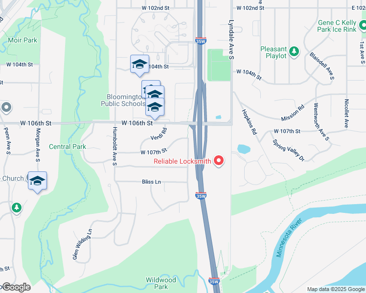 map of restaurants, bars, coffee shops, grocery stores, and more near 10710 River Terrace in Minneapolis
