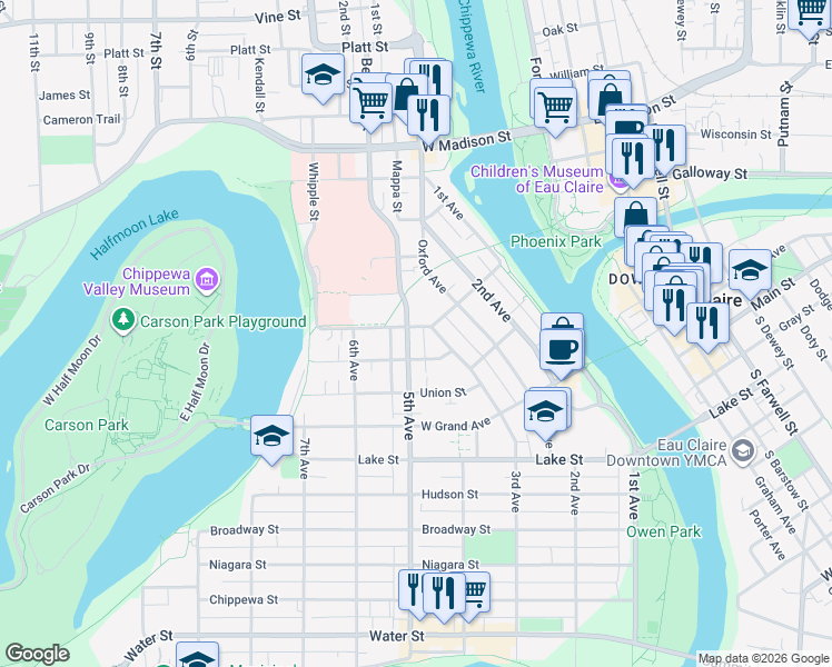 map of restaurants, bars, coffee shops, grocery stores, and more near 1021 5th Avenue in Eau Claire