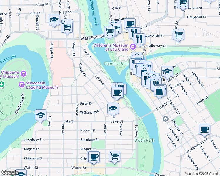 map of restaurants, bars, coffee shops, grocery stores, and more near 914 1st Avenue in Eau Claire