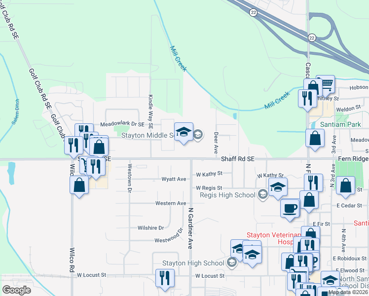 map of restaurants, bars, coffee shops, grocery stores, and more near 1021 Shaff Road Southeast in Stayton