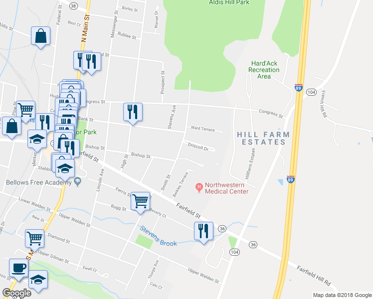 map of restaurants, bars, coffee shops, grocery stores, and more near 37 Smith Street in Saint Albans City