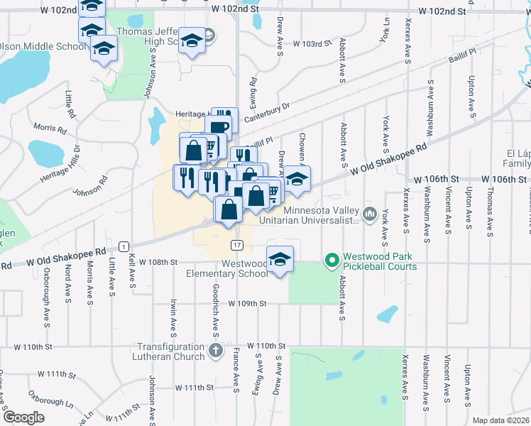 map of restaurants, bars, coffee shops, grocery stores, and more near 3701 West Old Shakopee Road in Bloomington