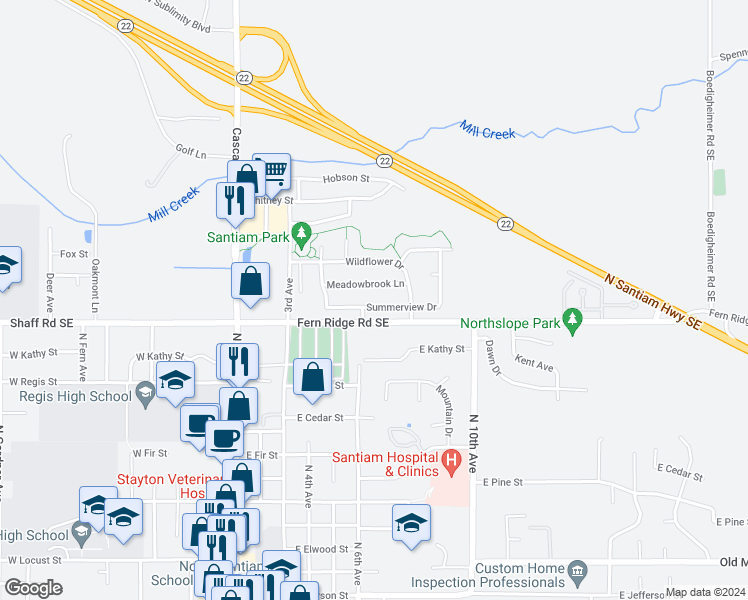map of restaurants, bars, coffee shops, grocery stores, and more near 645 Summerview Drive in Stayton