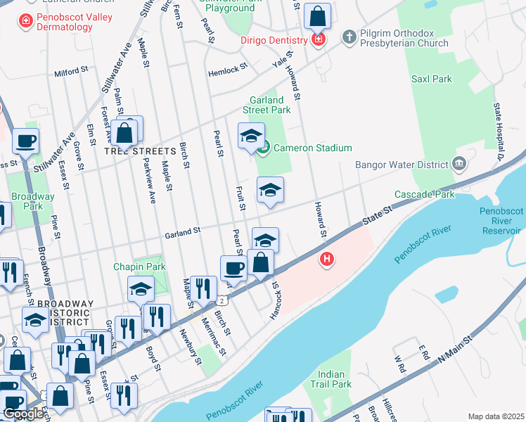 map of restaurants, bars, coffee shops, grocery stores, and more near 99 Otis Street in Bangor
