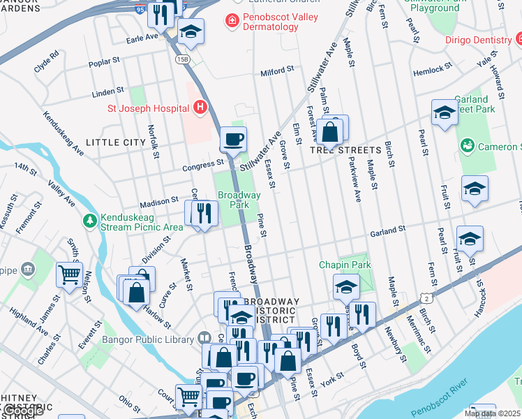 map of restaurants, bars, coffee shops, grocery stores, and more near 295 Pine Street in Bangor