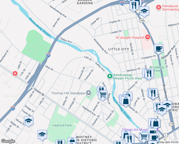 map of restaurants, bars, coffee shops, grocery stores, and more near 34 Jessie Street in Bangor