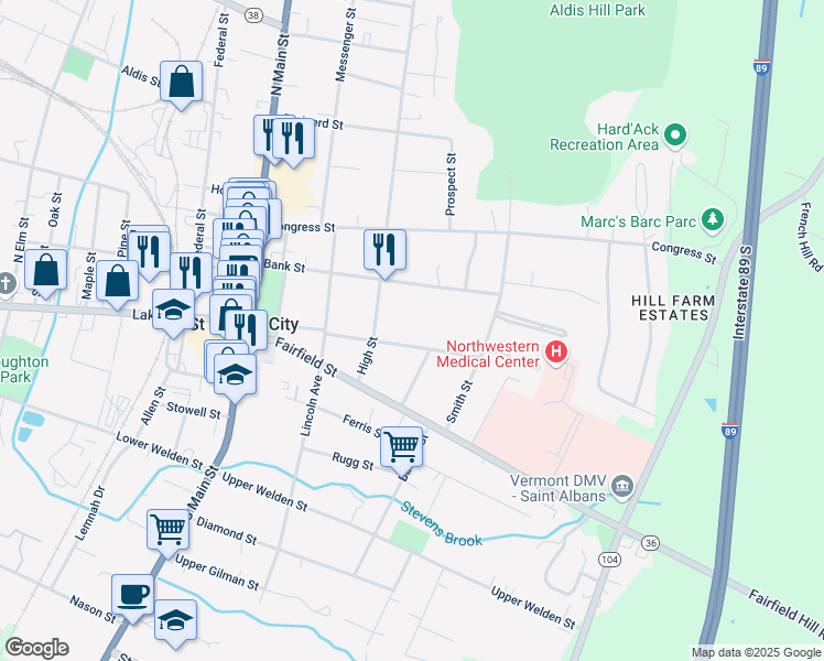 map of restaurants, bars, coffee shops, grocery stores, and more near 80 Bank Street in Saint Albans City