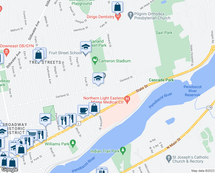 map of restaurants, bars, coffee shops, grocery stores, and more near 307 Garland Street in Bangor